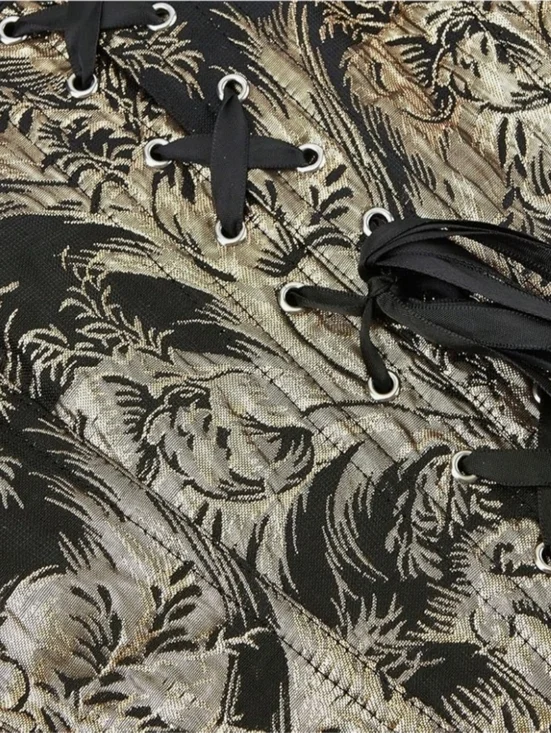 Black and Gold Renaissance Corset Top for Women Floral Lace Up Overbust Bustier - Picture 4 of 5